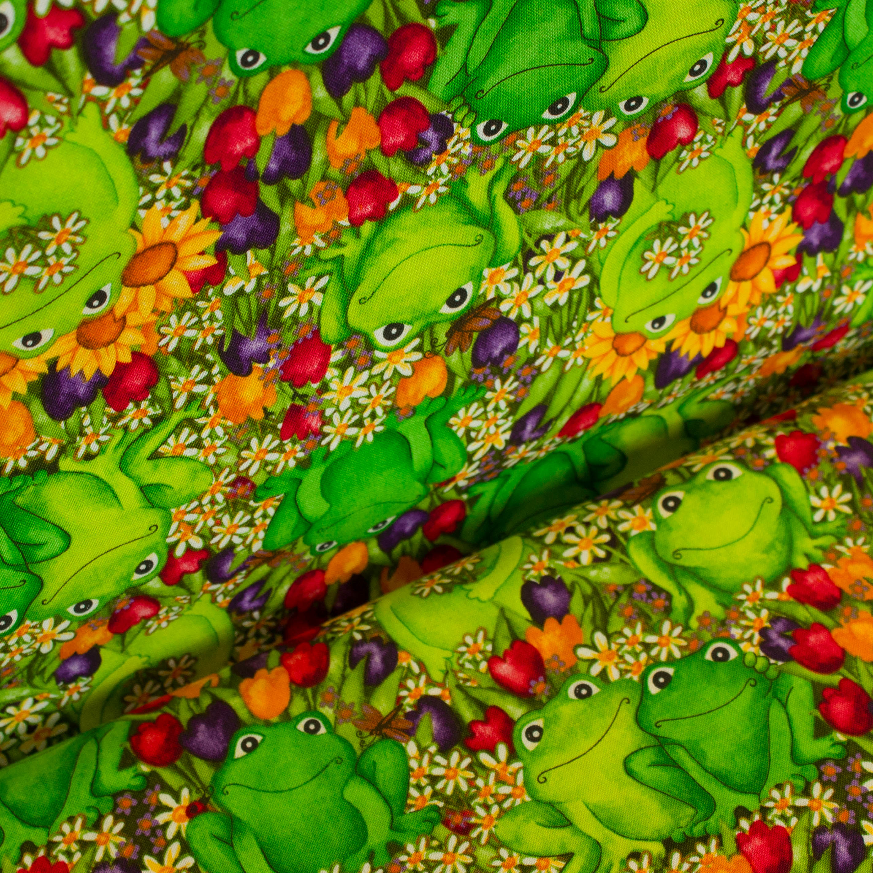 Katoen groen met kikkers en bloemen
